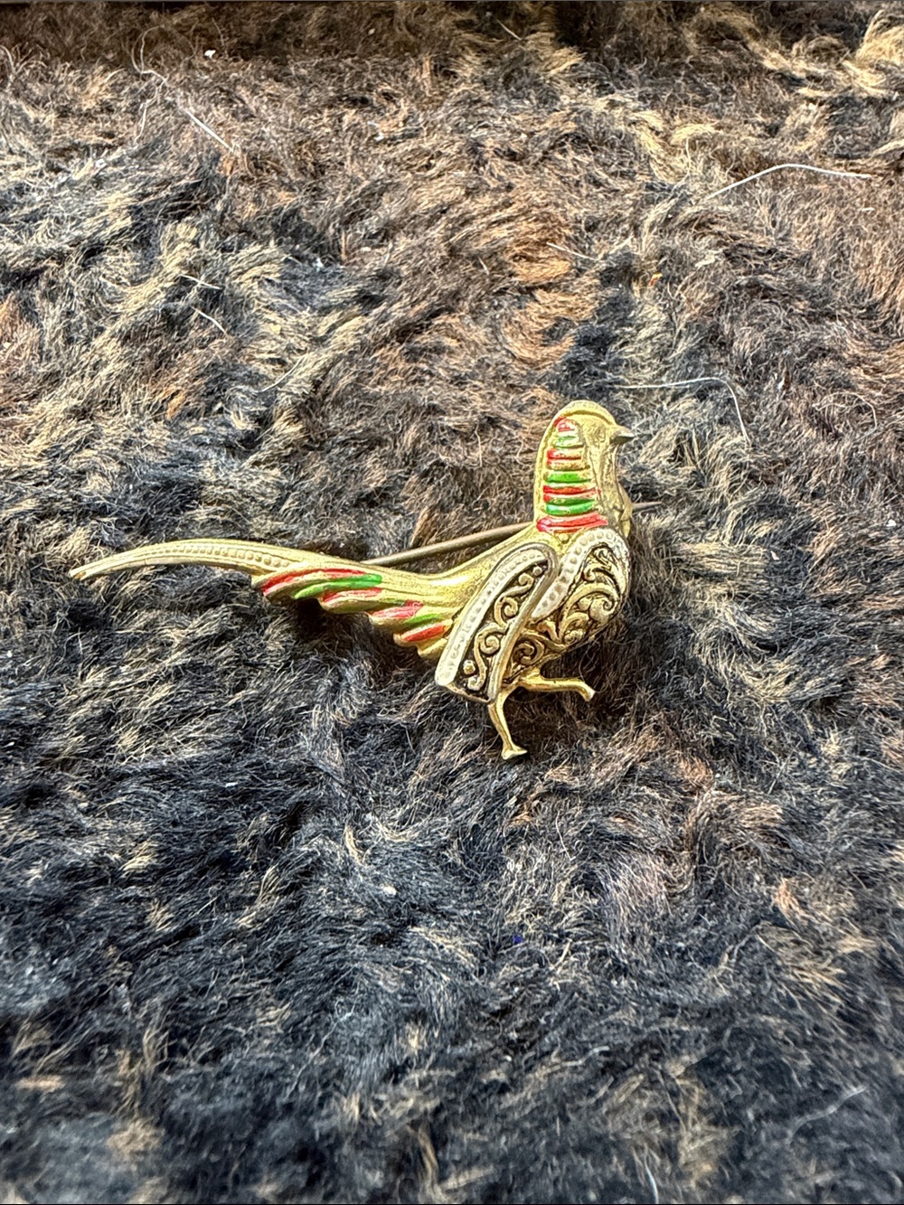 Gold-Tone Decorative damascene Pheasant Brooch with Red & Green Accents